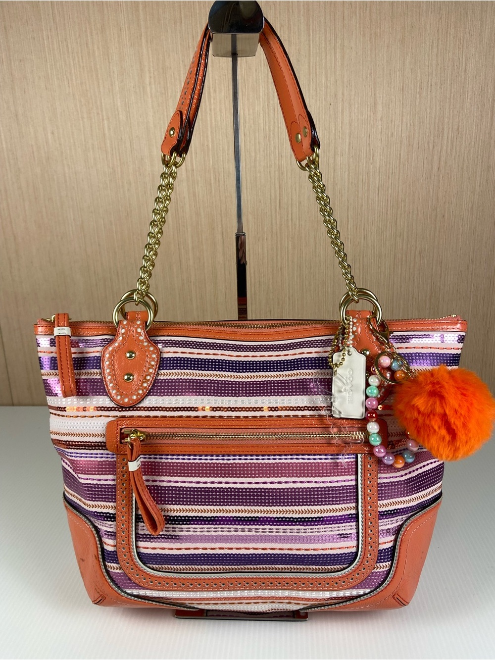 Coach Sequin Stripe Tote Orange Patent Leather Trim Chain Strap Shoulder Poppy